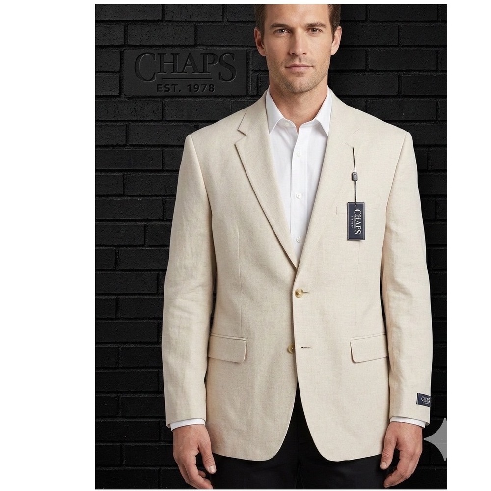 🔥Chaps Mens Off White🤑‎ Linen Blend Herringbone Blazer Sport Coat 46L $200